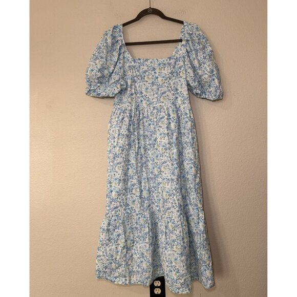 Floral Midi Dress Puff Sleeve Size 8 White Blue Green Primark NWT - Picture 2 of 7